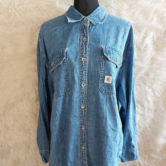 VTG DKNY Jean Women's Blue Denim Button Down Pockets Long Sleeves Shirt Siz M - Picture 1 of 8